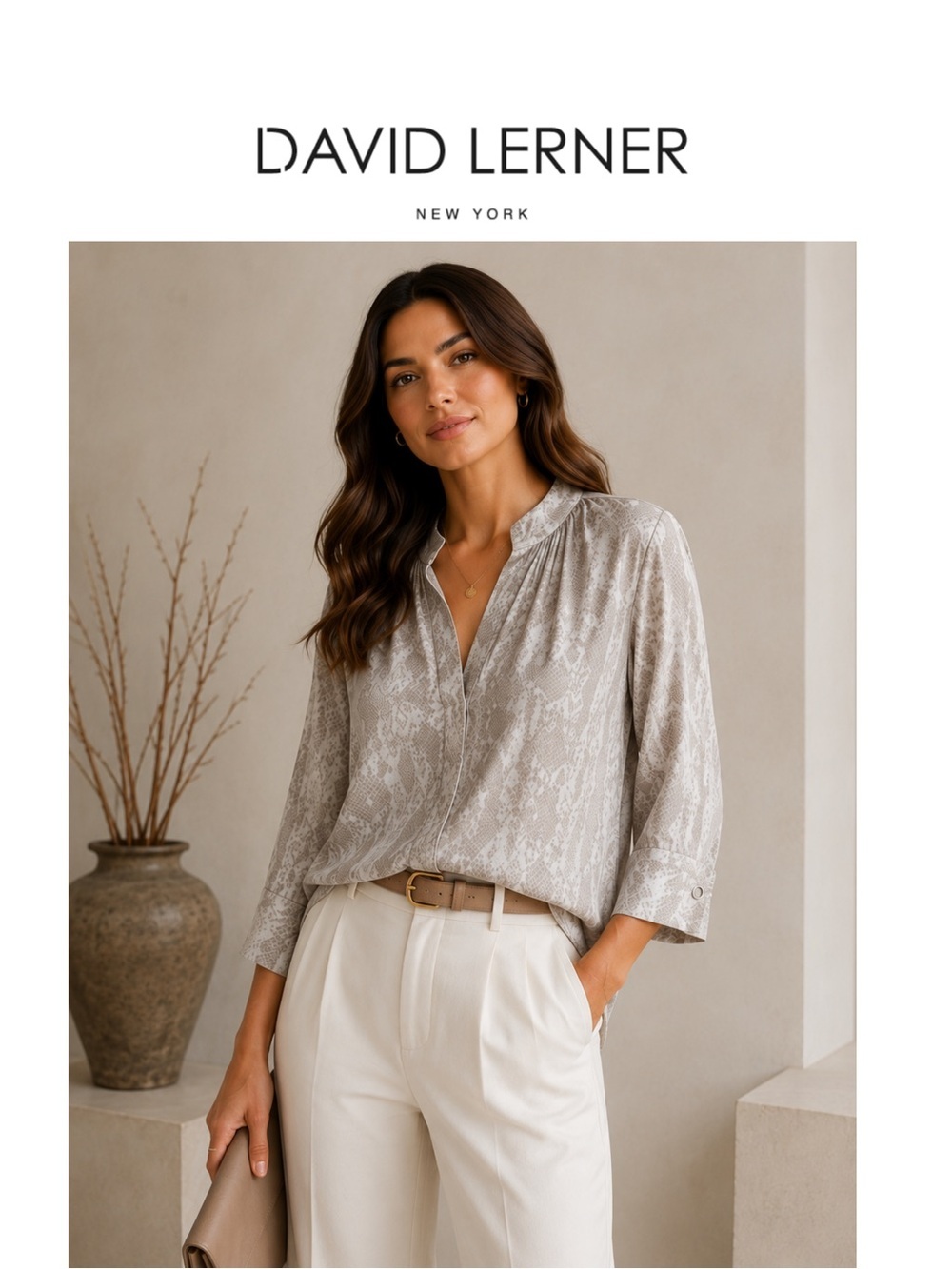David Lerner New York Tan Medium Python Snake Print V Neck Blouse 3/4 Sleeve Top